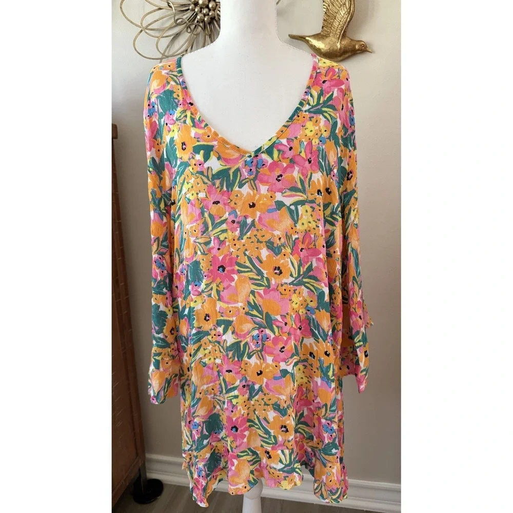 Anne Cole XL XXL Floral Tunic Swim Cover Up Pink Orange Green Rayon Beach
